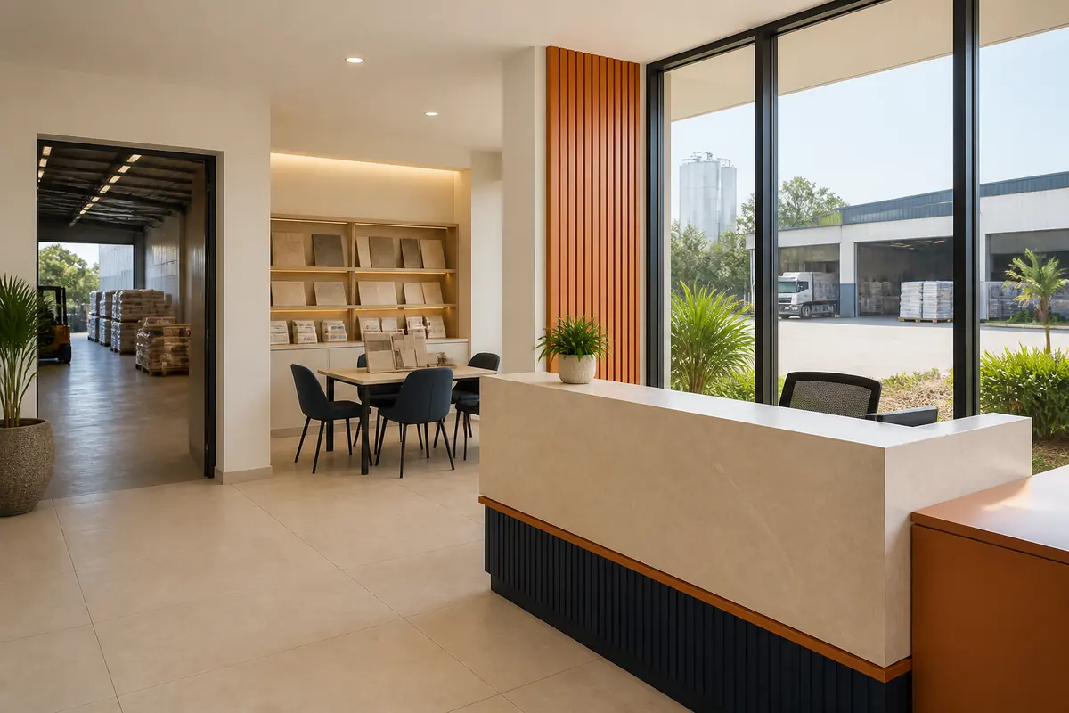 Modern tile and construction materials consultation reception connected to a manufacturing facility